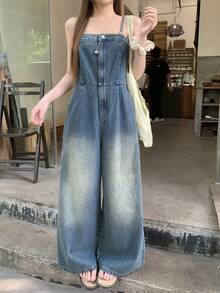 FRIFUL 女士休闲度假通勤渐变水洗宽松阔腿牛仔连体裤，夏季 - 藍色 - 查看 2