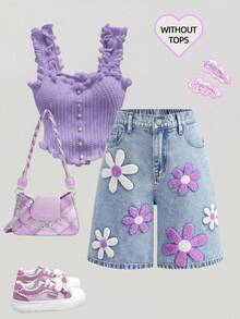 Girlism Teen Girl Y2K Spring Summer Light Stone-Washed High Waist Floral Embroidered Pattern Blue Denim Loose Wide Leg Shorts, Bermuda Summer Short, Teen Girl Summer Baggy Denim Long Short Jean Shorts, Suitable For Spring And Summer, Season Vintage//Beach/Sea/Concert Elegant Graduation, Valentine's Day, Summer Holidays, Beach Vacation Holidays - Light Wash - View 1
