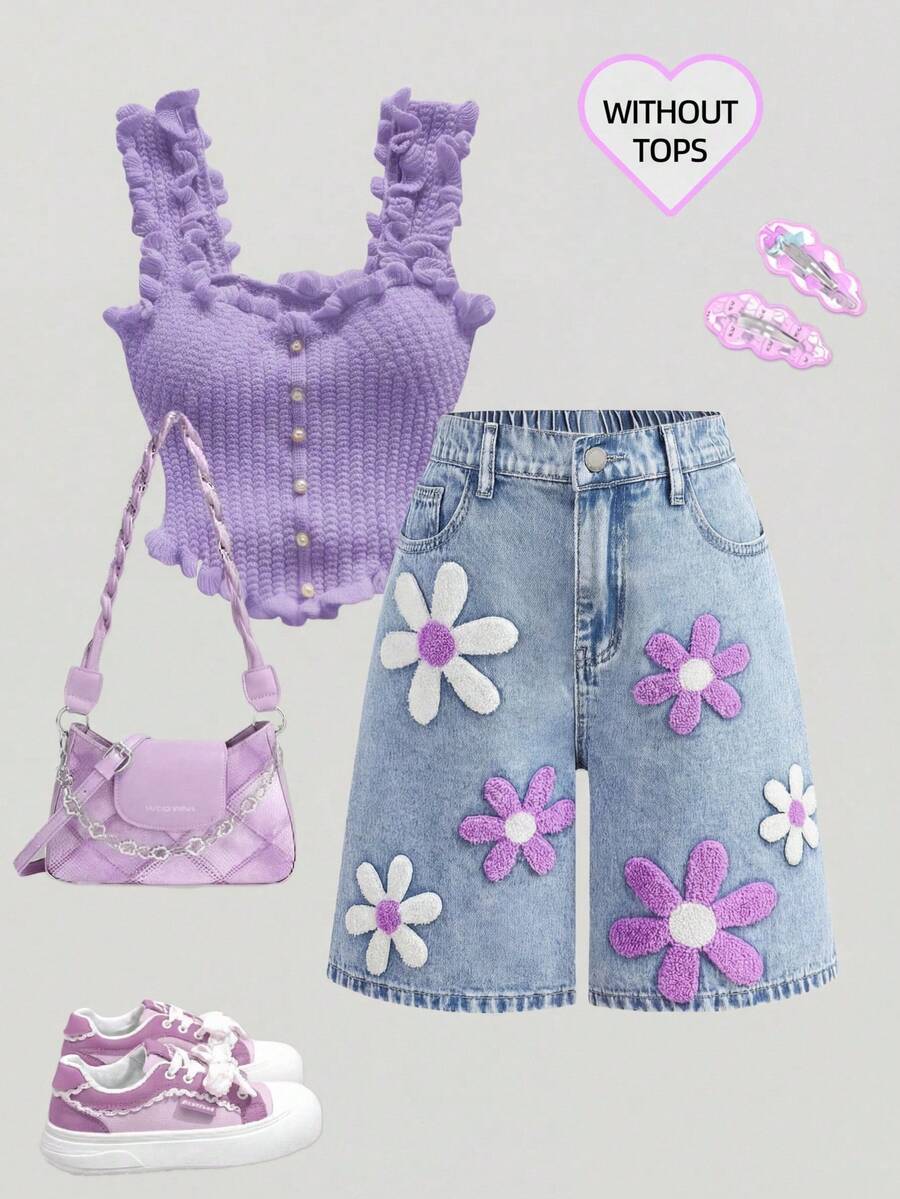 Girlism Teen Girl Y2K Spring Summer Light Stone-Washed High Waist Floral Embroidered Pattern Blue Denim Loose Wide Leg Shorts, Bermuda Summer Short, Teen Girl Summer Baggy Denim Long Short Jean Shorts, Suitable For Spring And Summer, Season Vintage//Beach/Sea/Concert Elegant Graduation, Valentine's Day, Summer Holidays, Beach Vacation Holidays - Light Wash - View 1