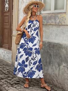 Brillora Women's Vacation Plant Pattern Casual Dress - Blue - View 1