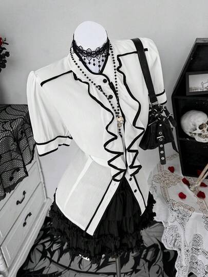 Sunspun Bluzka z kołnierzykiem stójkowym w dużym rozmiarze, z szyfonu w kontrastowym kolorze, z falbanką i krótkim rękawem