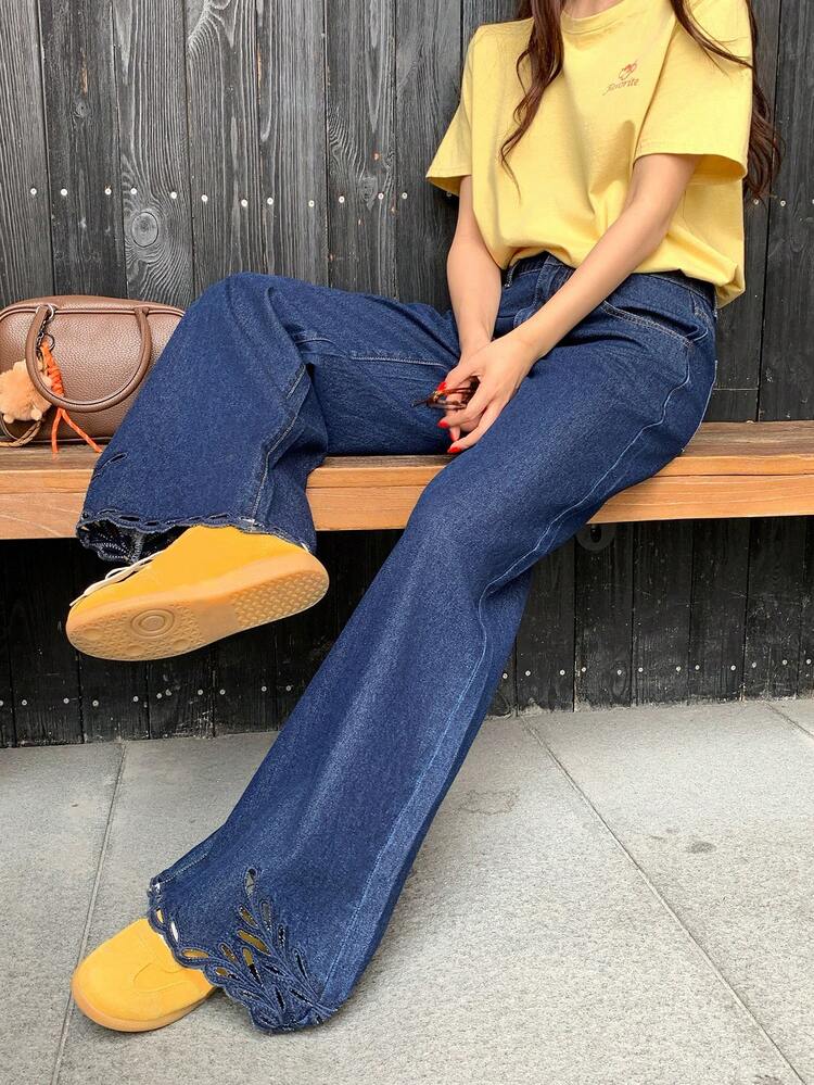 Women's Vintage Washed Hollow Out Casual Jeans, Korean Style Street Fashion Versatile