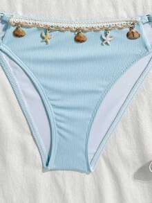 SHEIN Conjunto de bikini de niña preadolescente con decoración de conchas, delicado y elegante, con vibra de vacaciones - Azul - Ver 5