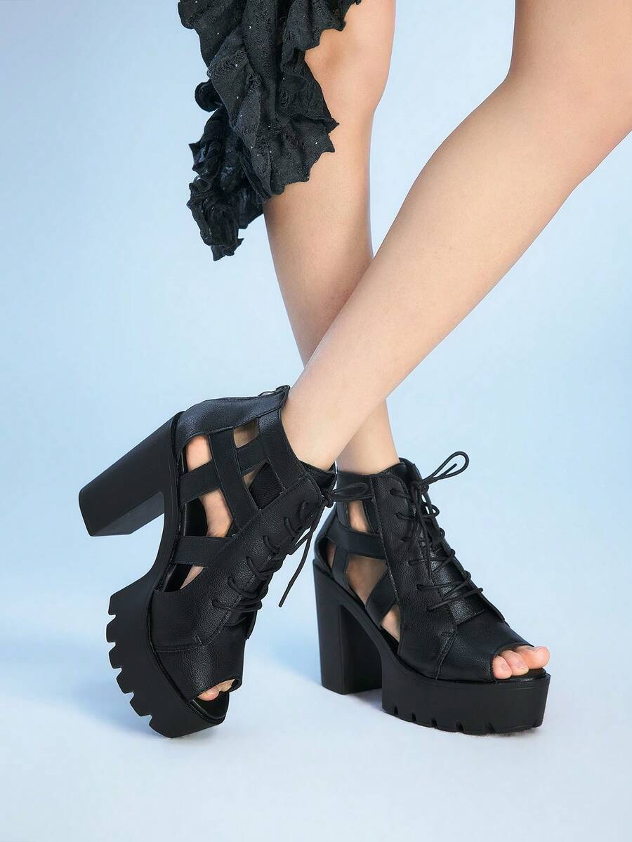 Sugerpunk Women Heeled Sandals~ 2026 Fashion Summer New PU High Heel Hollow Fish Mouth Front Lace-Up Sandals Women's High Heel Thick Heel Waterproof Table Fashion Women's Shoes - Black - View 1