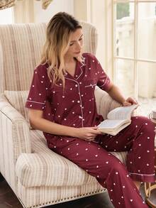 SHEIN Doze Lane 女士宽松休闲全心形印花短袖睡衣套装，带翻领开衫 - 彩色 - 查看 1