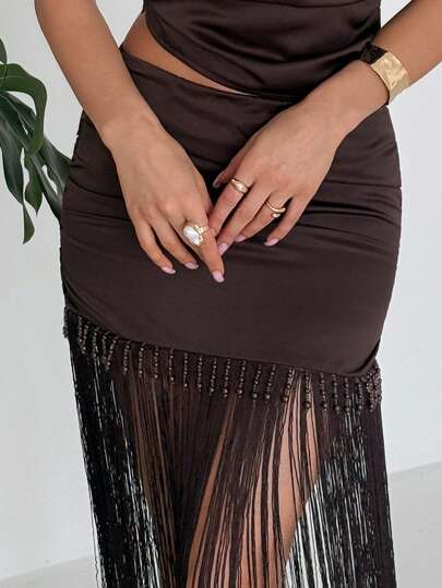Firerie Women's Elegant Refined Dignified Romantic Retro Bohemian Resort Beach Music Festival Party Date Holiday Dance Ball Birthday Party Wedding Guest Daily Commute Fashion New Low Waist Draped Beaded Tassel Brown Skirt