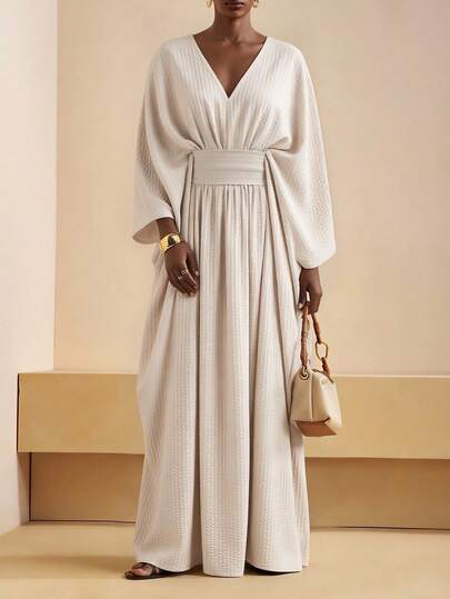 Vesra Apricot Linen-Like Deep V-Neck Oversized Casual Dress For Women