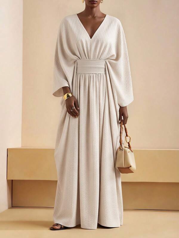 Vesra Apricot Linen-Like Deep V-Neck Oversized Casual Dress For Women