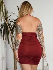 Arliah 女士新款性感露背褶饰腰部修身闪亮裹身裙，适合日常通勤、毕业典礼、独立日派对 - 酒紅色 - 查看 2