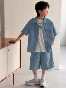 SHEIN Little Byeori 两件套儿童/青少年男童休闲韩版工装领开襟短袖衬衫和纯色短裤套装，适合上学、花园、海滩、生日、春夏穿着。 - 霧霾藍 - 查看 4