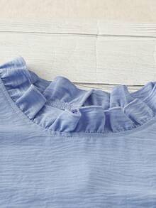 SHEIN LUNE CURVE Plus Size Women Elegant Blue Vacation Shirt Ruffle Sleeve Top Women Clothing - Blue - View 5