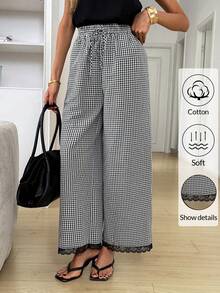 SHEIN LUNE Women's Casual & Commute Plaid Lace Trim Pants Wide Leg Pants Woman High Waist Palazzo Pants Women Pants For Women Casual Gingham Wide Leg Pants Cute Pants For Woman Women's Gingham Print Wide Leg Pants Elastic Waist Drawstring Cotton Blend Palazzo Trousers With Lace Trim Stylish Black And White Gingham Wide Leg Pants For Women Casual Drawstring Trousers With Lace Accent Summer Outfits Vacation Outfits Women - Multicolor - View 5