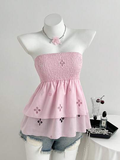 Elamini Áo quây không dây màu hồng gợi cảm tối giản dành cho nữ, thích hợp cho kỳ nghỉ hè, thêu họa tiết.