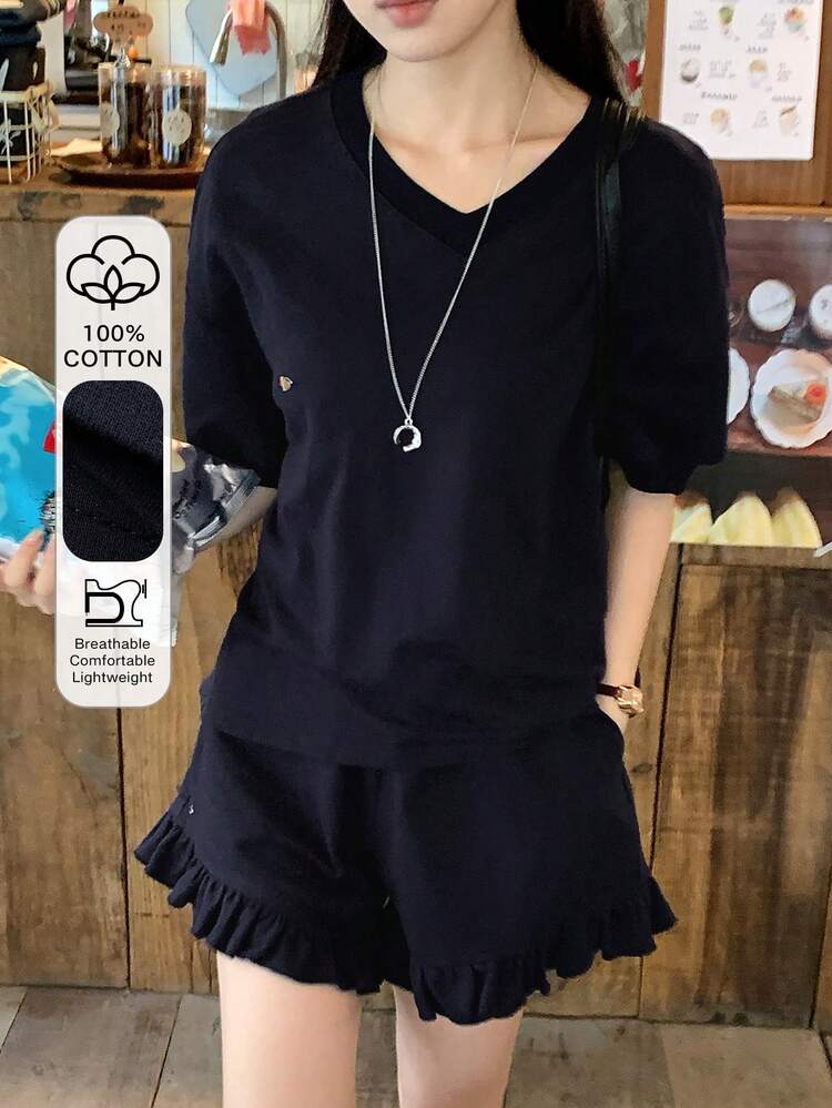 Women's V-Neck Solid Color Casual Short Sleeve Top And Shorts Two Pieces Set, Street Style Korean Fashion Summer