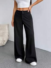 SHEIN PETITE 纯色高腰直筒喇叭裤 - 黑色 - 查看 7