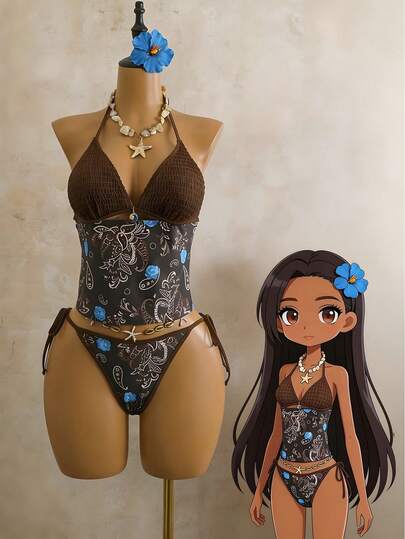 Bellisia 2026新款春夏女士两件套泳衣和短裤，随机印花，沙滩度假优雅休闲泳装套装