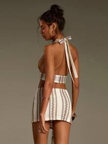 Athîral 女士春夏休闲度假针织露脐吊带上衣和迷你裙两件套 - 杏色 - 查看 2