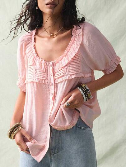 SoleilVie Solid Color Scoop Neck Ruffle Front Button Casual Short Sleeve Shirt Pink Blouses Peasant Top Blouse Summer Pink Babydoll Top Pink Ruffle Top Ruffle Blouse Ruffled Blouse Pink Summer Top