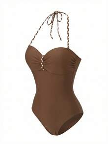 Swim Chiccia Áo tắm liền thân không dây kiểu áo ngực dành cho nữ, màu trơn - màu nâu - Xem 5