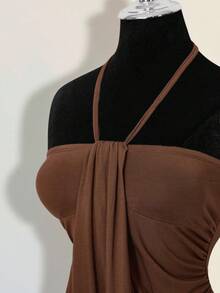 SHEIN ICON Đầm ngắn cổ yếm màu nâu dành cho nữ, phong cách Boho Hippie miền Tây, thích hợp cho kỳ nghỉ, du lịch, Goth, đi chơi, câu lạc bộ, Coachella, xếp ly, đính đinh tán, thời trang mùa hè. - màu nâu - Xem 15