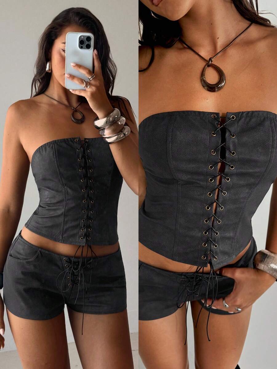 Aloruh 女士 Y2K 复古水洗系带露脐金属风上衣