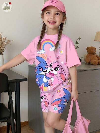 SHEIN 2pcs/Set Young Girl Casual Cute Cartoon Blue Rabbit Stitch & Pink Angel Pattern Short Sleeve T-Shirt And Shorts, Suitable For Girls, Cute Girl Outfit For Summer, Back To School, Outing, Date, Y2K Style, Matching Sister Set Girls Dress Girls Dress Short Sleeve Kids Dress Animal Dress For Girl