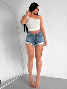 SHEIN 100% Cotton Mid Waist Washed Denim Short - Light Wash - View 7