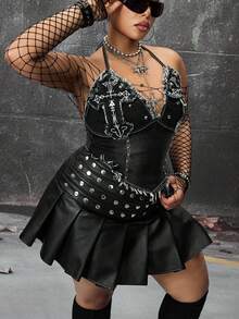 ROMWE Plus Size Gothic Cross Design Milenium Denim Halter Neck Backless Tank Top - Black - View 9