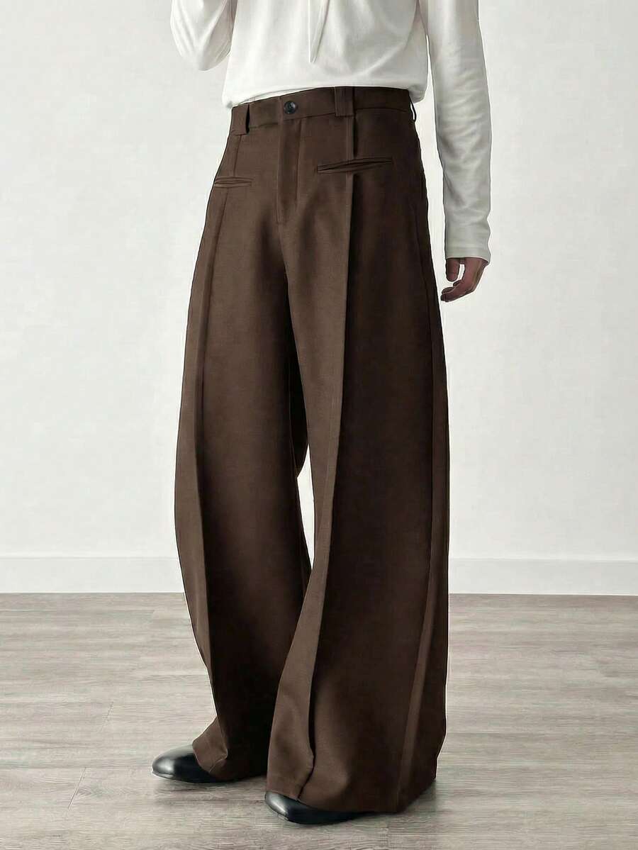 SWAVVY Standard Size Men's Solid Color Loose Wide-Leg Pants Designer Pants Wide Leg Pants Brown Dress Pants Loose Pants - Brown - View 1