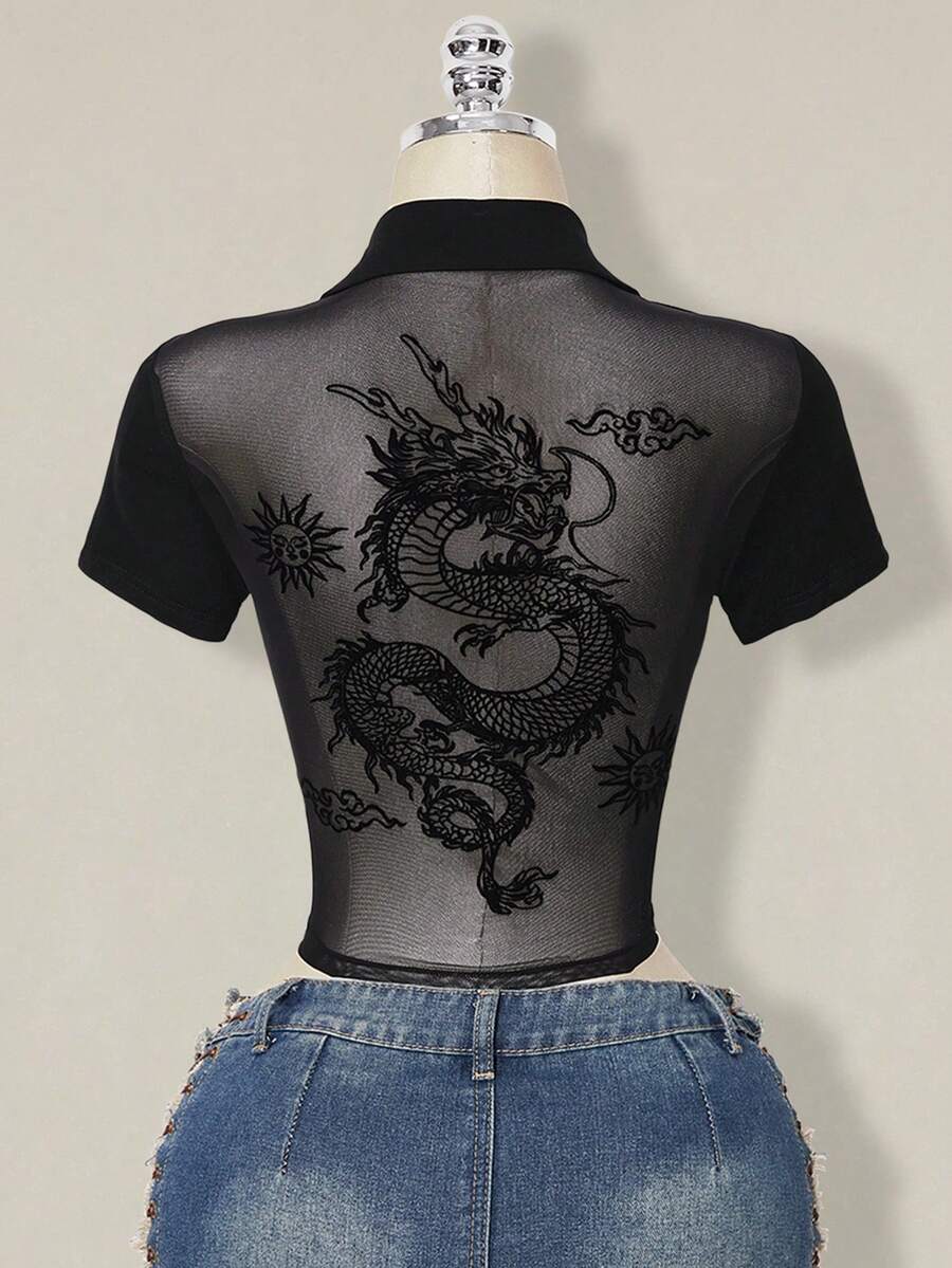 SHEIN ICON 女士时尚性感龙纹网纱拼接T恤，夏季
