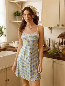 CottageSlumber Blue Plaid Lemon Print V-Back Bow Decor Romantic Countryside Style Women Nightgown - Multicolor - View 4