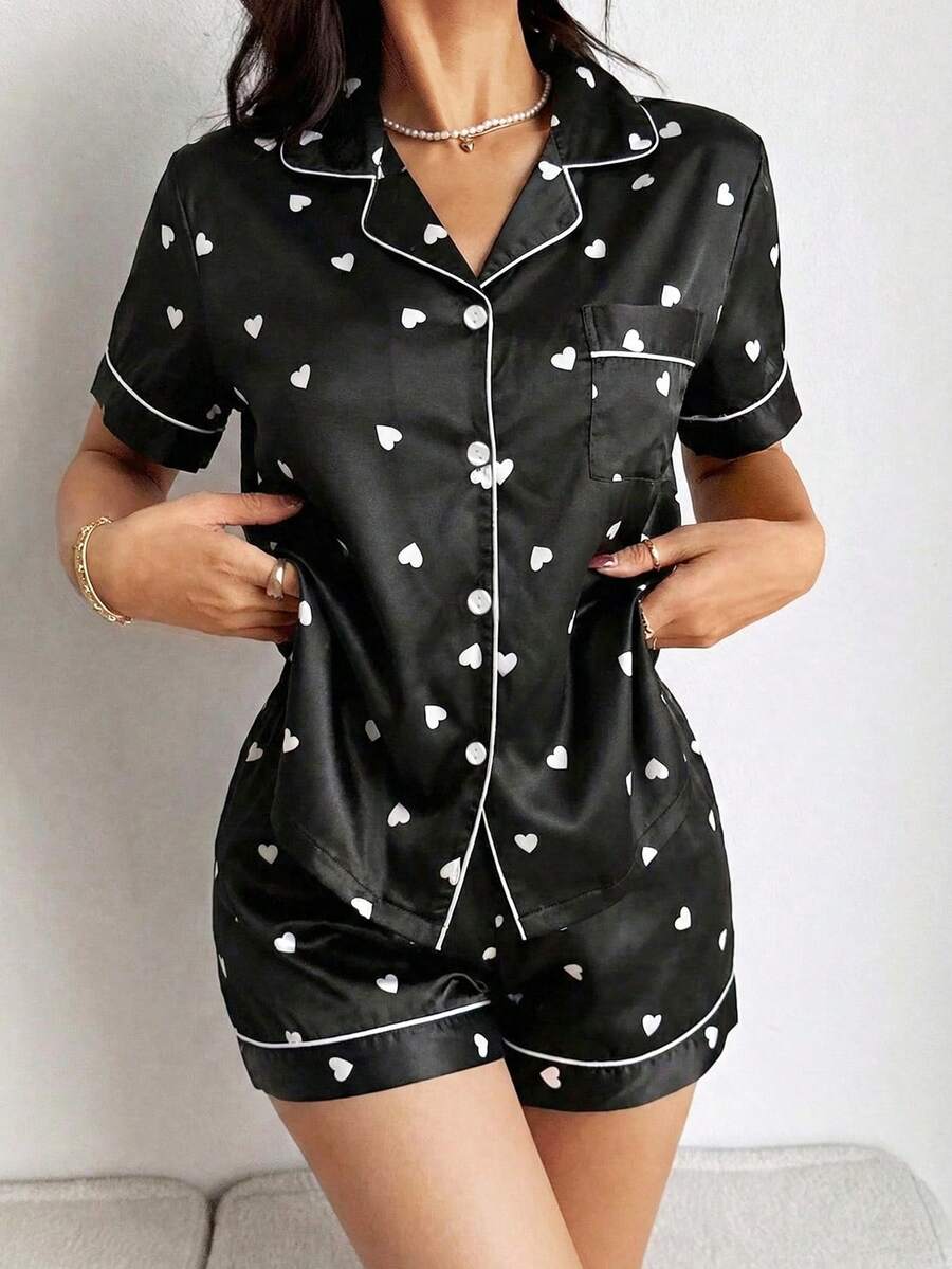 Napfluff Conjunto de pijama de manga corta con cuello y estampado de corazones en rosa suave y negro, de estilo minimalista para mujer - Negro - Ver 1