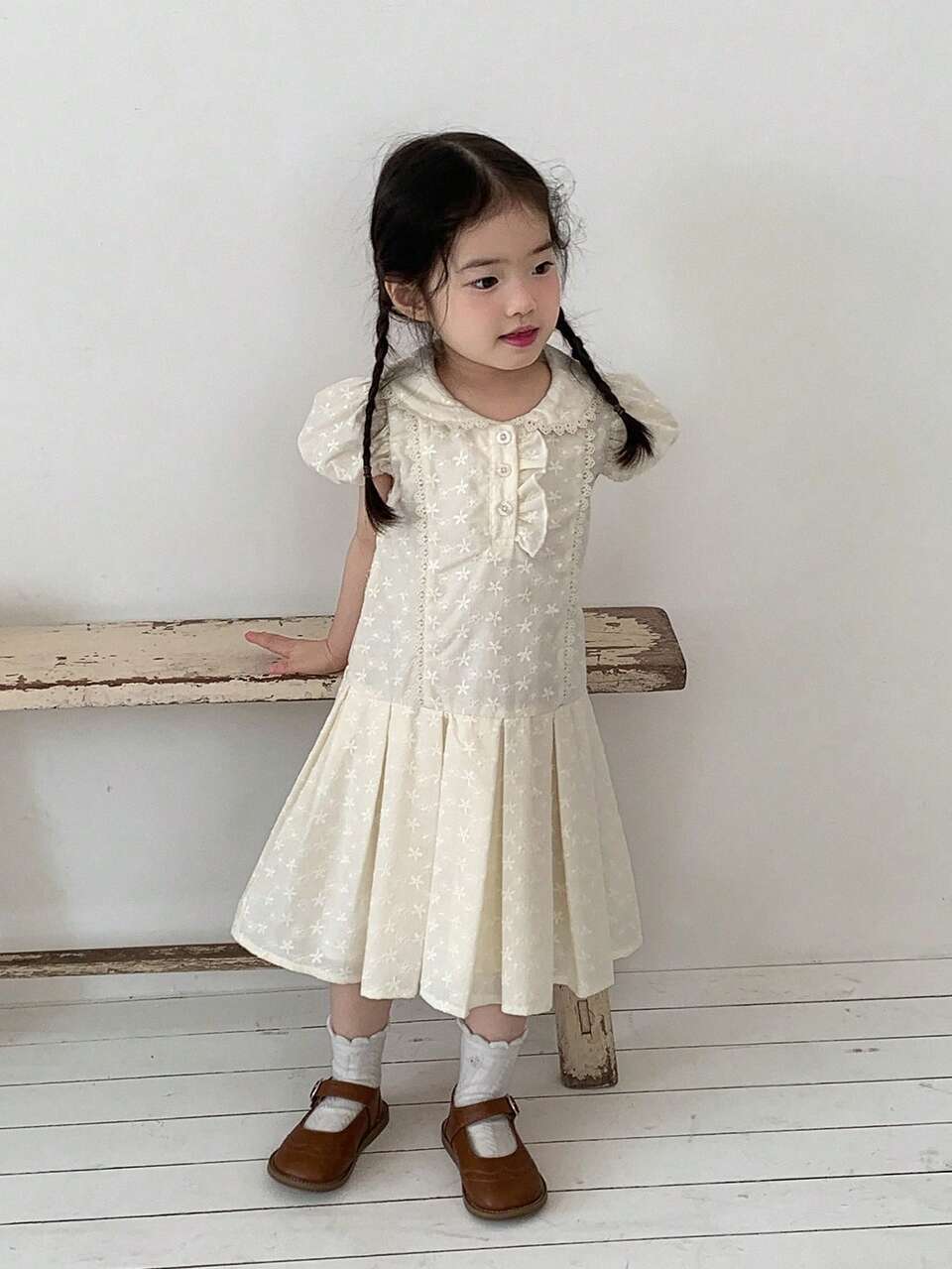 Baby Girl Summer Casual Solid Color Embroidered Petal Sleeve Pleated Hem Dress Toddler