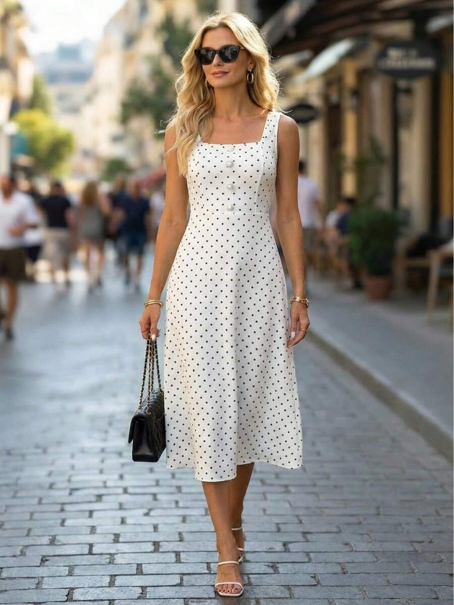 Editum Vestido de punto elástico con cuello cuadrado, sin mangas, con lunares blanco y negro, cintura ceñida, botones de perla, bajo en línea A, elegante para uso diario, ir al trabajo, primavera/verano - Blanco y Negro - Ver 1