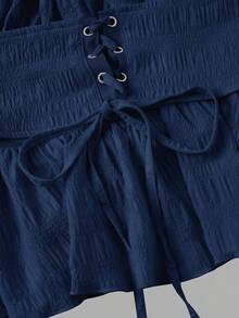 SHEIN MOD Blusa de un hombro con volantes, con cordones en el frente, busto fruncido y bajo con volantes, de color blanco - Azul Marino - Ver 3
