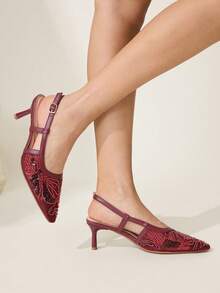 CUCCOO CHICEST New Burgundy Embroidered Mesh Beaded Square Toe Stiletto Heel Elegant Party Ankle Strap Pumps For Women Wedding Shoes Spring Shoes Bride Shoes - Burgundy - View 4