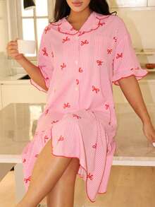 Striped Bow Print Short Sleeve Women Nightgown - Multicolor - View 4