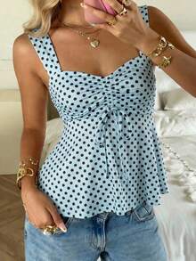 CovetEZ 2026春夏新款女装：蓝棕色波点可爱休闲百搭荷叶边抽绳衬衫/背心 - 藍色 - 查看 1