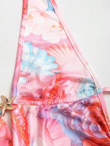 Sweetra Vestido mini halter sin espalda con estampado de estrella de mar y perla, estilo casual y sexy de playa y resort de verano para mujer - Multicolor - Ver 5