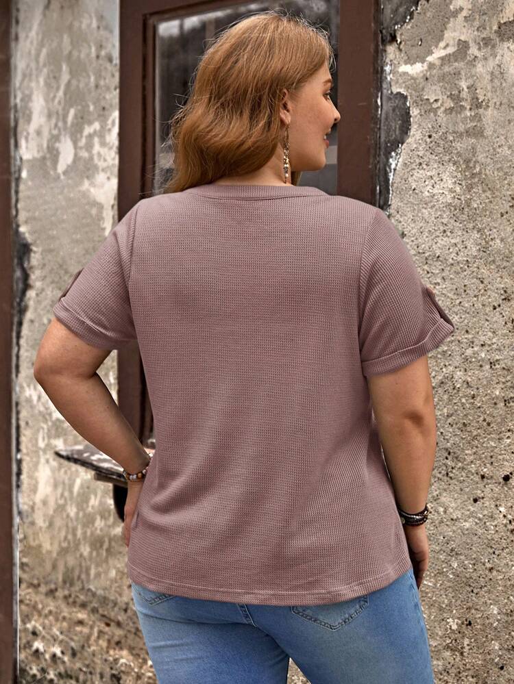 Plus Size Women's Solid Color V-Neck Button Casual Versatile Daily Short Sleeve T-Shirt