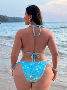 Swim SXY Plus Size Sequin Embroidered Swimsuit Set, Vacation & Beach - Baby Blue - View 2