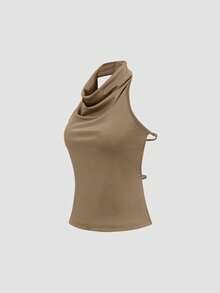 Sweetra High Neck Halter Elegant Basic Tank Top With Elastic Adjustable Crisscross Back - Khaki - View 3