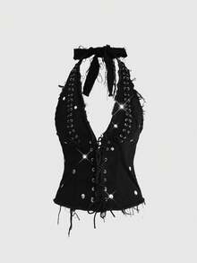 ROMWE Grunge Punk Áo crop top denim bó sát kiểu punk cổ yếm gợi cảm phong cách Y2K với đinh tán và khoen kim loại - màu đen - Xem 1