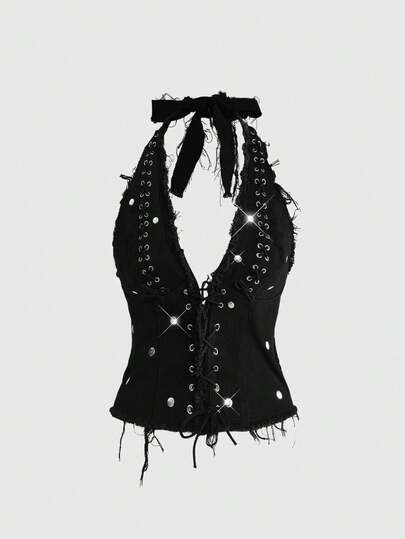 ROMWE Grunge Punk توب كروب جينز ضيق مزين بالنيتات والحلقات المعدنية بطراز بانك وعنق حلقي بطراز Y2K الرجعي الجذاب