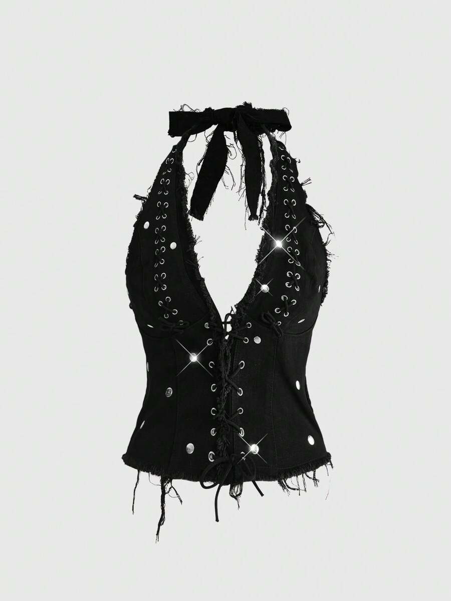 ROMWE Grunge Punk Áo crop top denim bó sát kiểu punk cổ yếm gợi cảm phong cách Y2K với đinh tán và khoen kim loại - màu đen - Xem 1