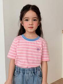 Dazy Kids Áo thun ngắn tay kẻ sọc dáng casual cho bé gái mùa hè - Hồng - Xem 5