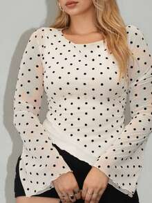 Arliah 女士优雅通勤圆点喇叭袖不对称下摆T恤 - 杏色 - 查看 5