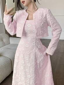Modelyn Elegant Outdoor Ladies Jacquard Suit - Pink - View 3