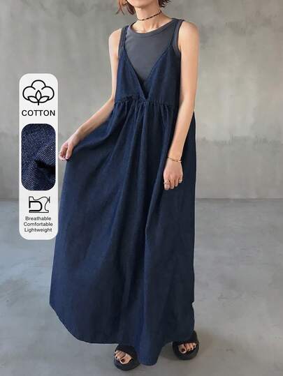 FRIFUL ชุดเดรสสายเดี่ยวผ้าเดนิมทรงหลวมสีพื้นสำหรับผู้หญิง สไตล์ลำลอง ใส่ได้หลายโอกาส สำหรับฤดูร้อน