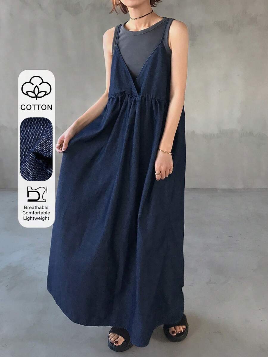 FRIFUL 女士纯色休闲百搭宽松牛仔吊带连衣裙 夏季 - 藍色 - 查看 1